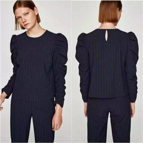 ZARA Woman Pinstripe Ruched Long Sleeve Top Size Extra Small - Picture 1 of 11